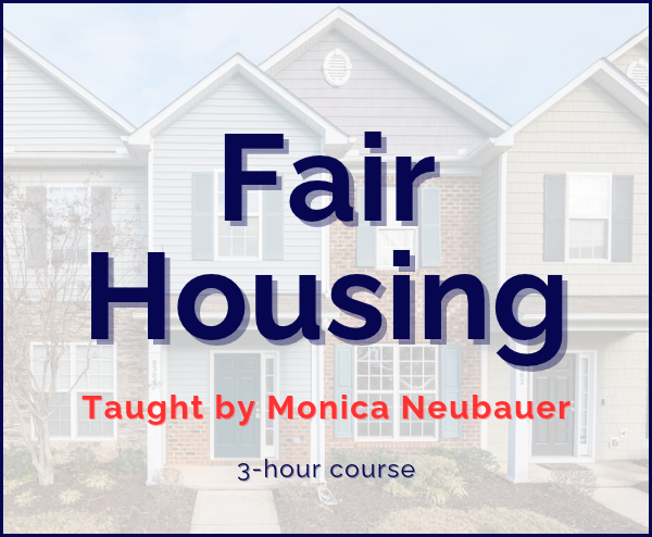 Graphic for a 3-hour Fair Housing course by Monica Neubauer, held November 17, 2026, from 9 a.m. to 12 p.m.